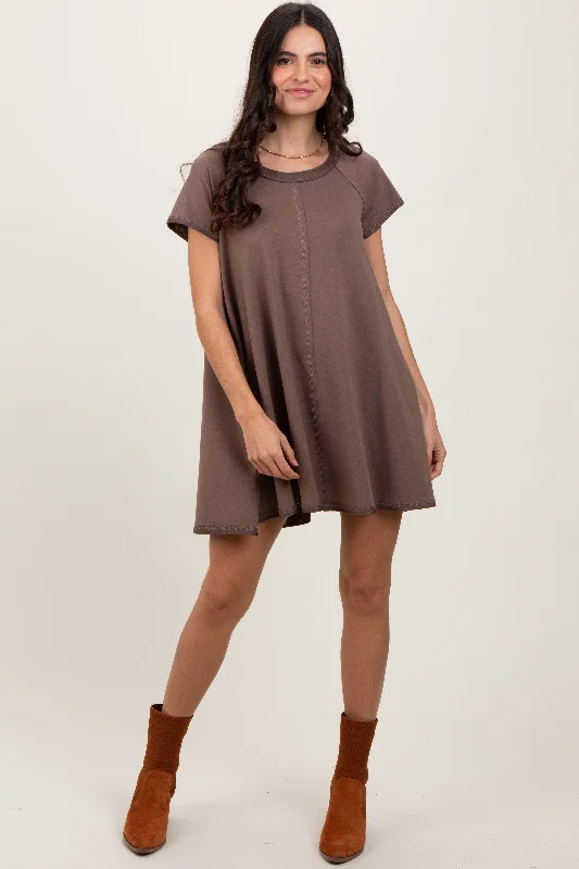 Effortless Chic for Women Brown French Terry Basic Short Sleeve Mini Dress