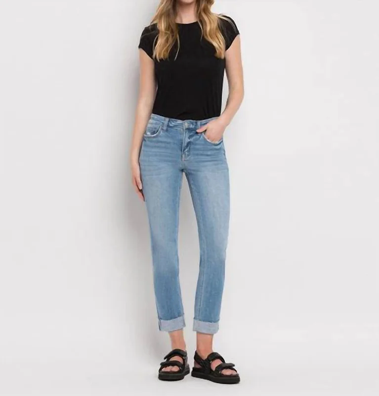 Timeless Women's Clothing Mid Rise Cuffed Crop Straight Jeans In Light Wash