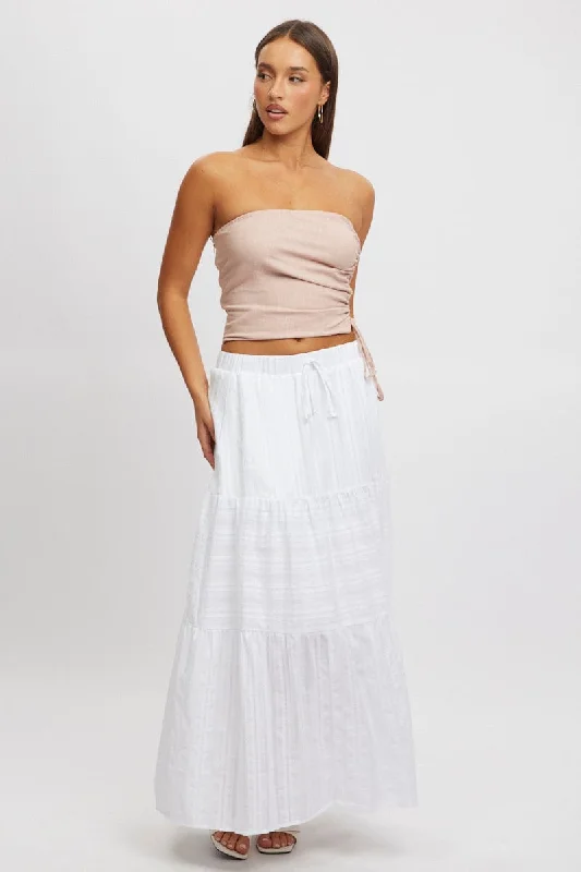 Women's Clothing And Garments Sets White Tiered Maxi Skirt High Rise Elastic Waist Lined