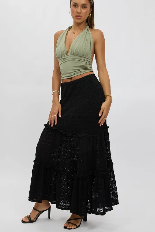 Women's Seasonal Attire Black Lace Maxi Skirt Elastic Waist Tiered Lined