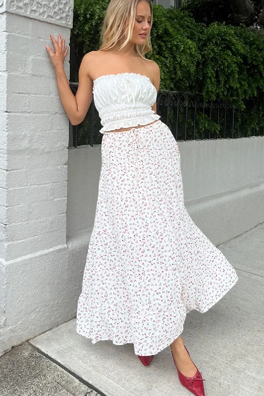 Elegant Women's Evening Garments White Ditsy Maxi Skirt Tiered High Rise