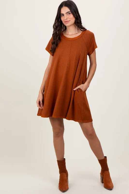 Workwear Fashion for Women Rust French Terry Basic Short Sleeve Mini Dress