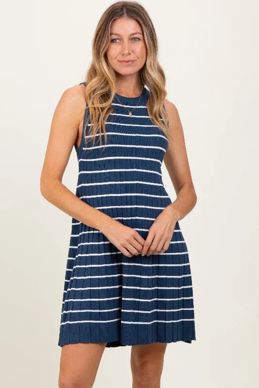 Online Boutiques Clothing Navy Ribbed Pleated Knit Sleeveless Mini Dress