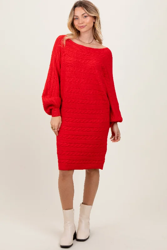 Women's Cozy Outfit For Lounging Red Cable Knit Dolman Sleeve Sweater Mini Dress