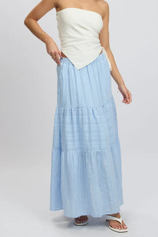 Women's Trendy Garments Blue Tiered Maxi Skirt High Rise Elastic Waist Lined