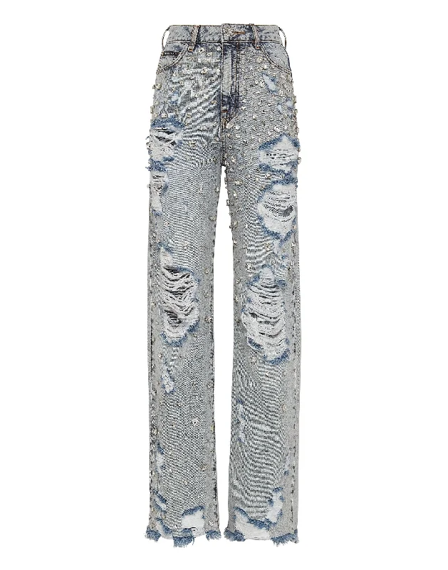 Women's Trendy Activewear Apparel Denim Trousers Palace Fit Crystal