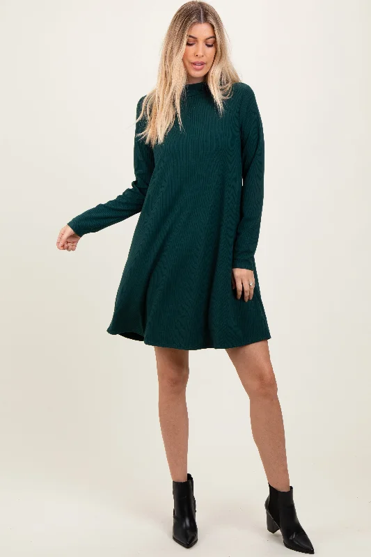 Women's Plus-Size Attire Forest Green Ribbed Mock Neck Long Sleeve Basic Dress