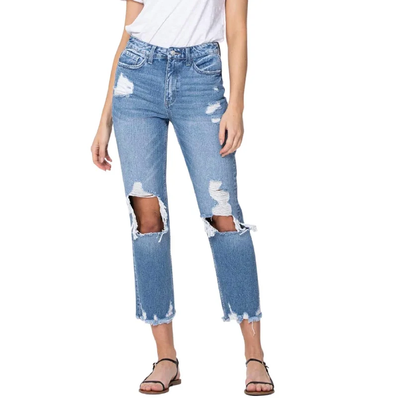 Women's Outfit For The Office Let Go High Rise Tattered Straight Leg Jean In Medium Wash