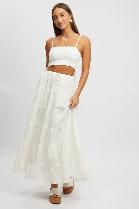 Fashionable Women's Outfit White Maxi Skirt Tiered High Rise