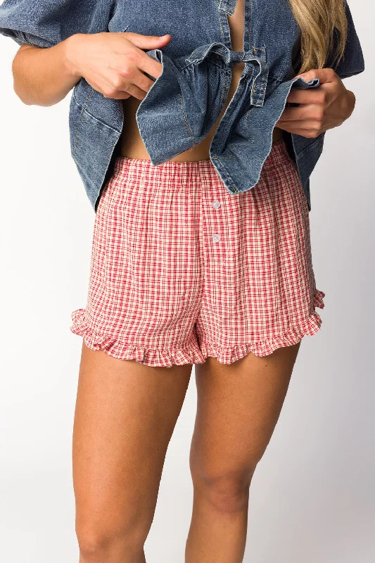 Fashionable Casual Tops Georgia Gingham Ruffle Hem Shorts in Cherry Field