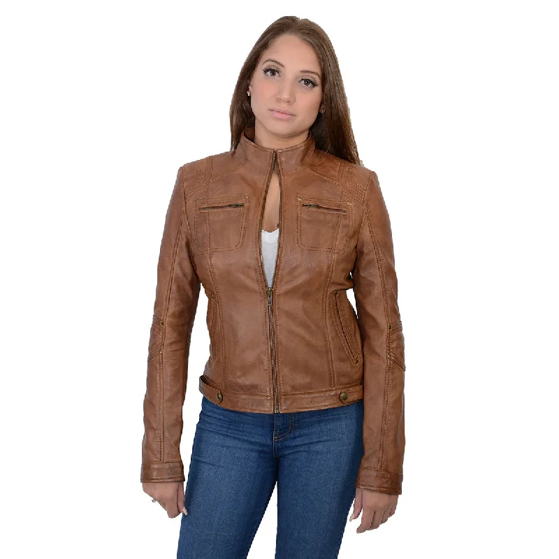 Holiday Gift Guide Sale Milwaukee Leather SFL2800 Women's Racer Whiskey Stand Up Collar Motorcycle Fashion Leather Jacket