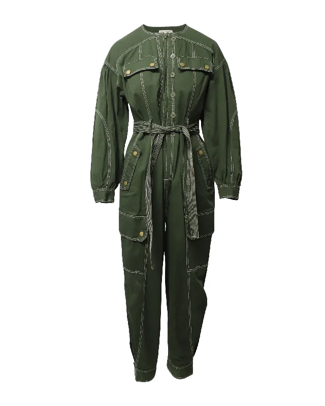 Women's Transitional Attire Ulla Johnson Leo Contrast Stitching Jumpsuit in Green Cotton