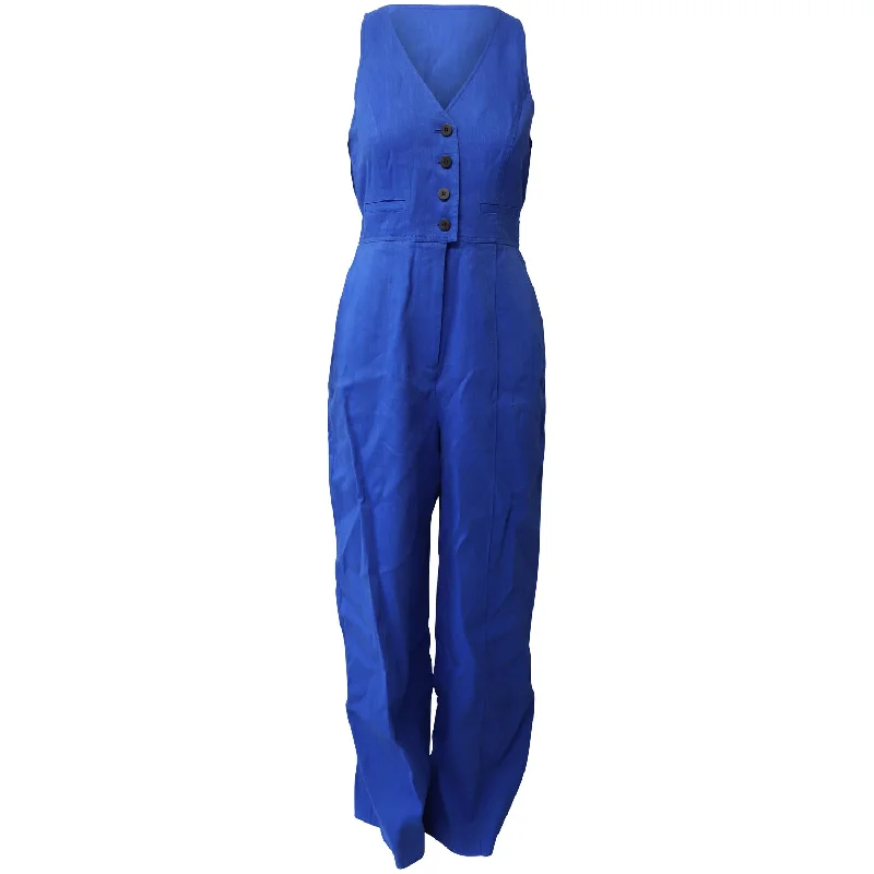 Women's Clothing For Outdoor Activities Diane Von Furstenberg Button Up Fitted Jumpsuit in Blue Linen