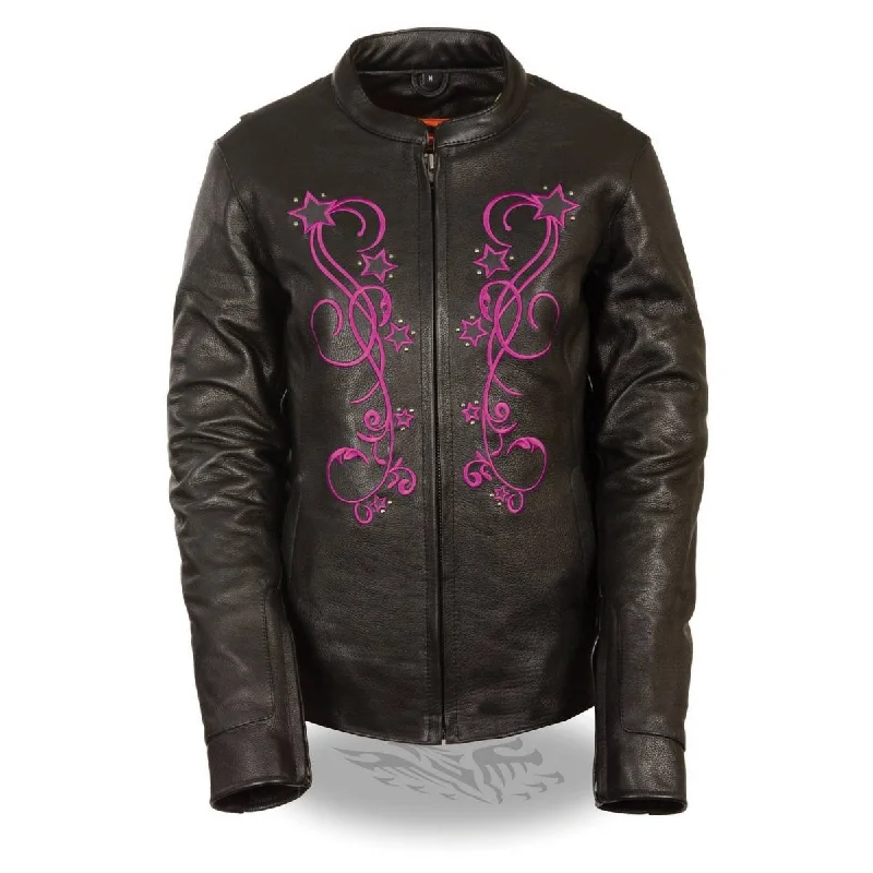 Women's Formal Wear Milwaukee Leather MLL2500 Women's Black and Fuchsia Pink Leather Jacket with Embroidery