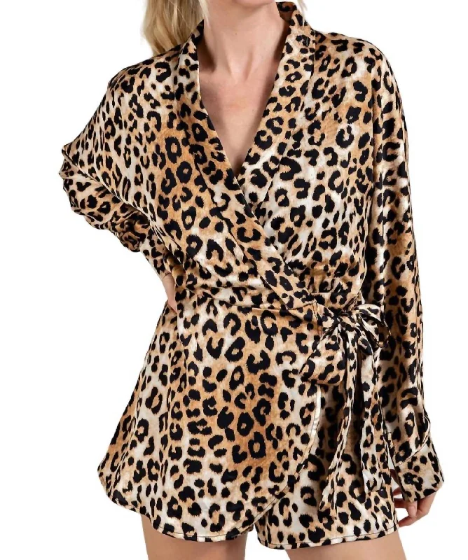 Women Fashion Long Sleeve Wrap Romper In Leopard Print Satin