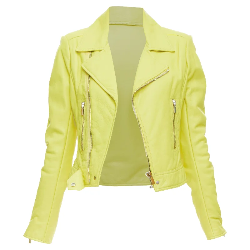 Women's Fashion Essentials Balenciaga yellow lambskin leather crop biker jacket