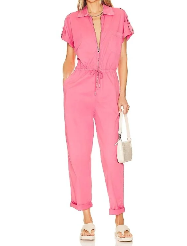 Women's Luxury Apparel Jordan Short Sleeve Zip Front Jumpsuit In Pink Punch