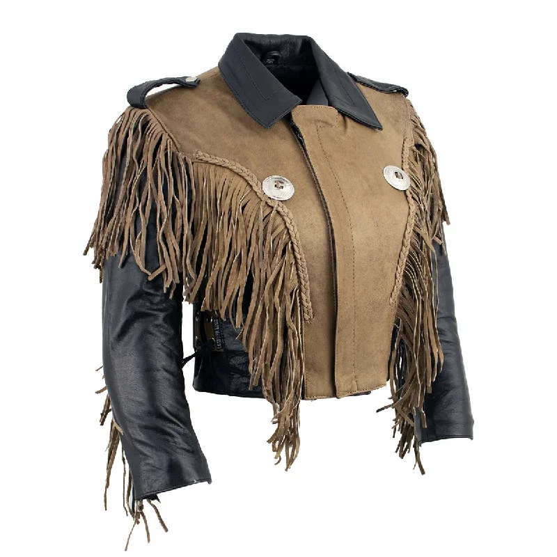 Women's Stylish Outerwear Leather King SH2015 Ladies ‘Fringed’ Cropped Two Tone Jacket with Braiding Detail