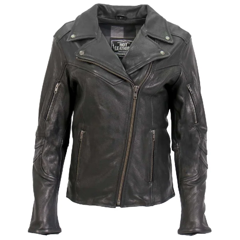 Trendy Women's Apparel Hot Leathers JKL1034 Ladies Black Leather MC Jacket with Plaid Flannel Lining