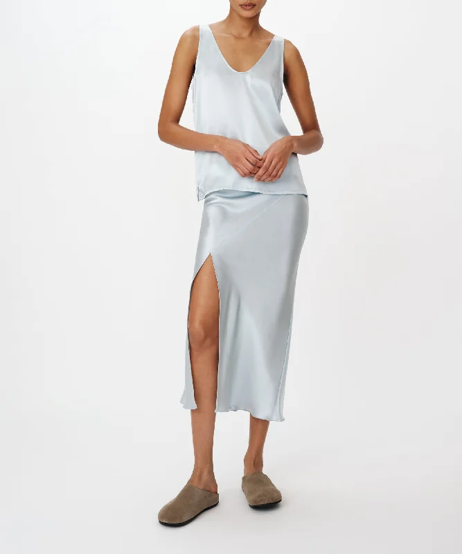 Unique Women's Fashion Pieces Satin Slit Detail Bias Skirt - Pastel Blue