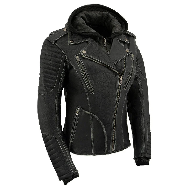 Women's Romantic Outfit Milwaukee Leather MLL2516 Black Leather Rub-Off Leather Jacket with Hoodie for Women