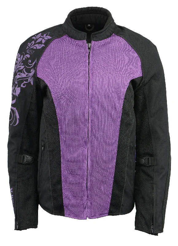 Women's Street Style Casual Wear M Boss Motorcycle Apparel BOS22700 Ladies Black and Purple Mesh Jacket with Flower Printing