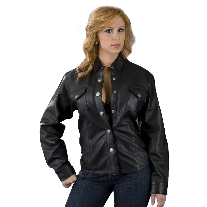 Women's Holiday Attire Leather King SH8028 Ladies Black Lambskin Leather Shirt