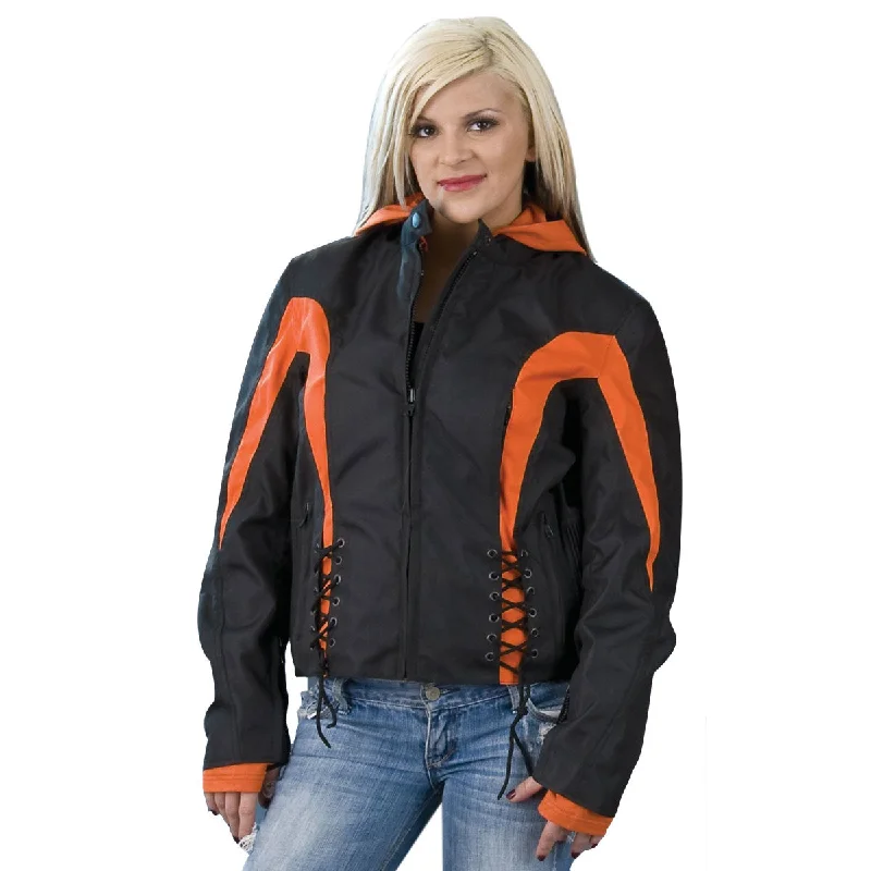 Women's Office Attire NexGen SH2039 Women's Black and Orange Textile Racer Jacket with Fleece Hoodie