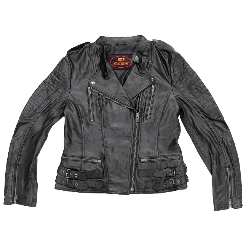 Seasonal Women's Fashion Trends Hot Leathers JKL1030 Ladies Lightweight Black Leather Jacket with Side Buckles