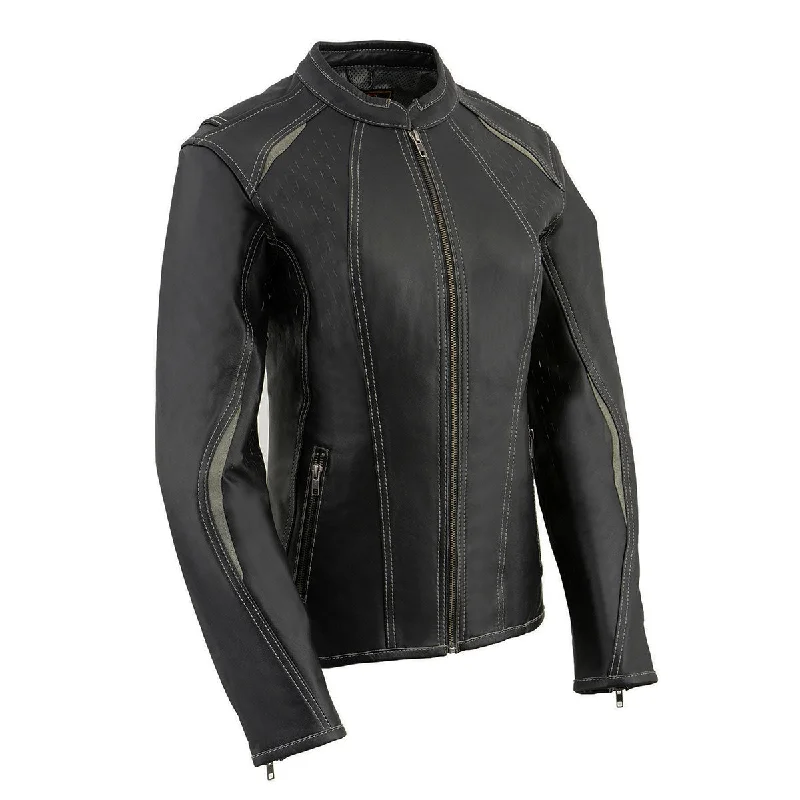 Contemporary Women's Clothing Milwaukee Leather MLL2502 Women's 'Laser Cut' Distressed Black and Grey Scuba Style Racer Jacket