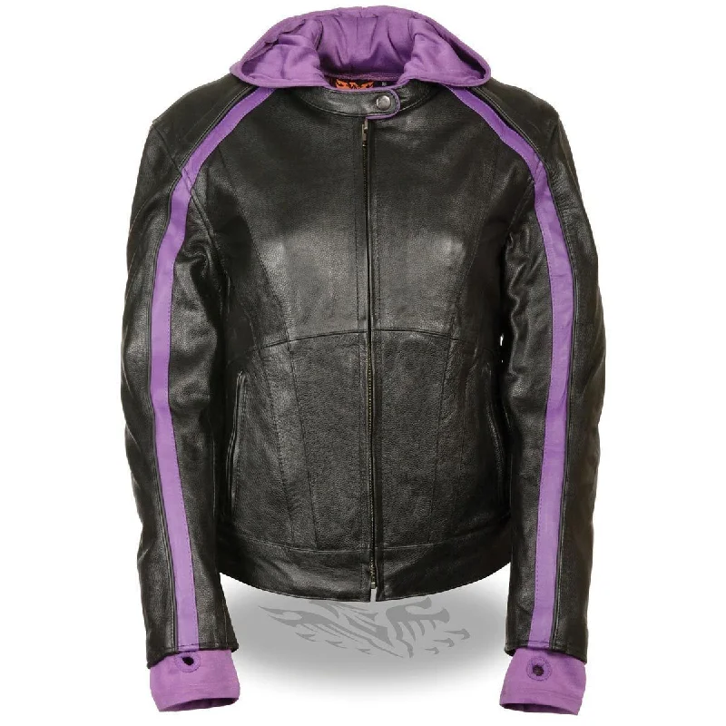 Women's Cozy Outfit For Lounging Milwaukee Leather SH1951 Women's Striped Black and Purple Leather Jacket with Zip-Out Hoodie