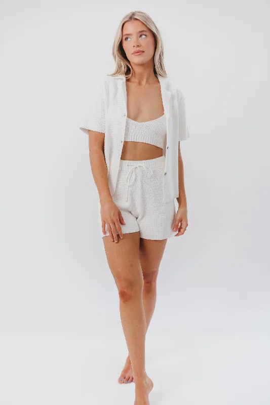 Chic Casual Wardrobe Essentials Alexis Cotton Waffle Shorts with Drawstring in White