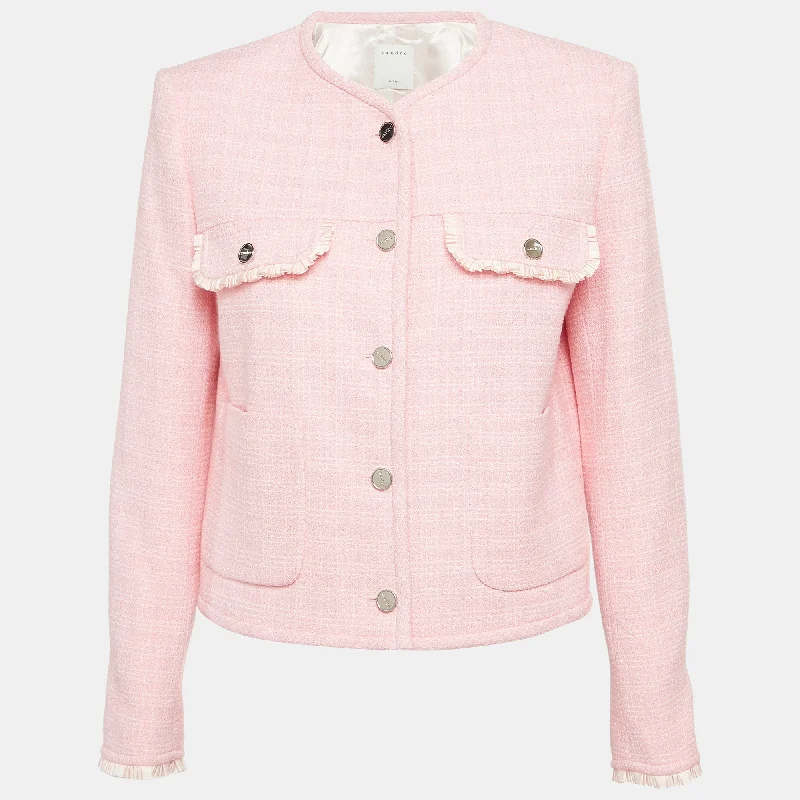 Women's Street Style Casual Wear Sandro Pink Tweed Button Front Ruffled Jacket