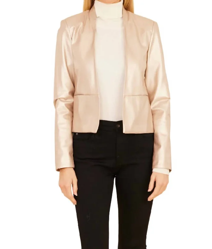 Elegant Women's Fashion Open Front Pleather Jacket In Pale Gold