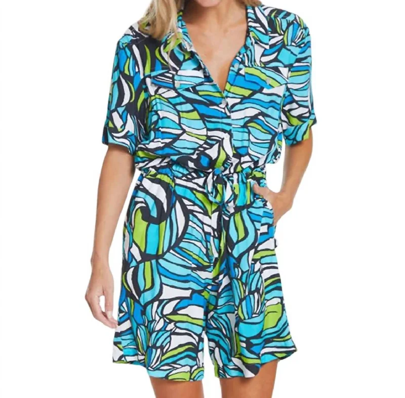 Women's Everyday Apparel Cuffed Short Sleeve Romper In Abstract Multi