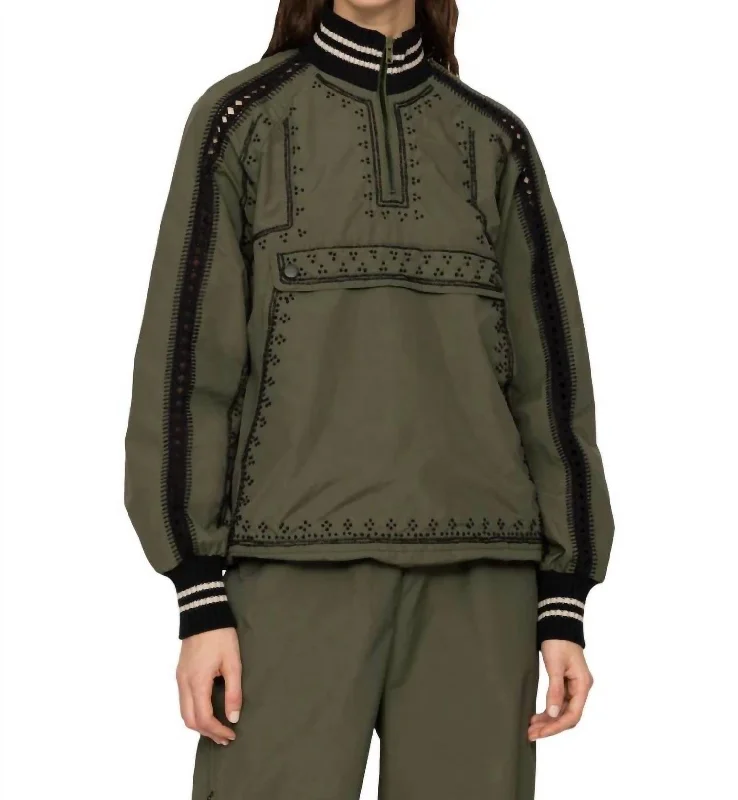 Casual Outfit For Women Mille Embroidery Windbreaker Top In Olive