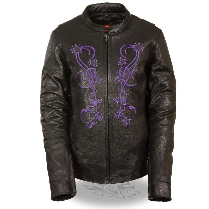 Exclusive Women's Fashion Collection Milwaukee ML2500 Women's Reflective Star Riveted Black and Purple Leather Jacket