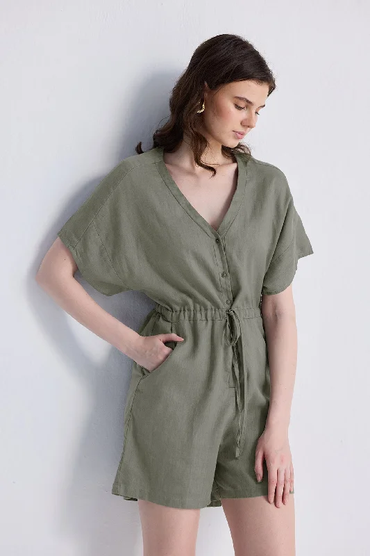 Stylish Women's Outfit V neck Drawstring Romper in Dark Green