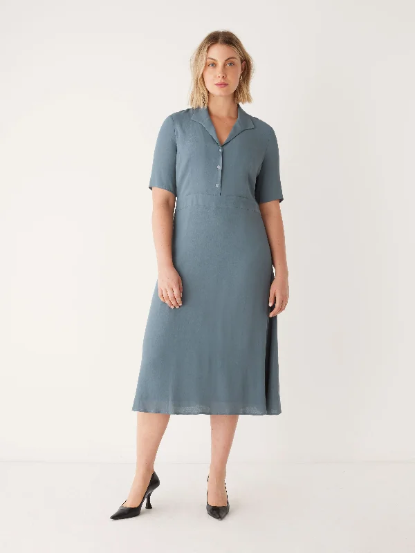 Women's Effortless Casual Outfit The Fluid Poet Collar Long Dress in Stormy Blue