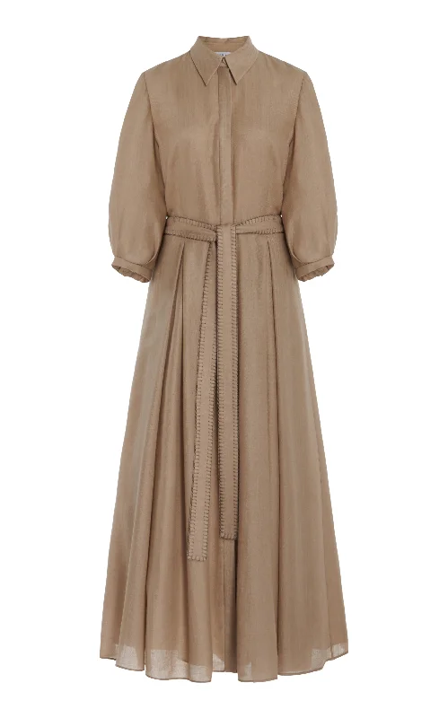 Sustainable Women's Clothing Andy Pleated Maxi Shirtdress in Khaki Virgin Wool Cashmere