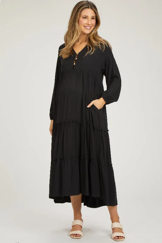 Clothes Sales Black Button Front V-Neck Ruffle Tiered Maternity Midi Dress