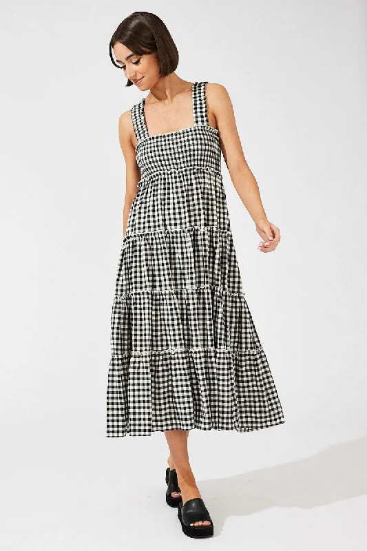 Clothes Of Woman Black Check Maxi Dress Shirred Bust Tiered