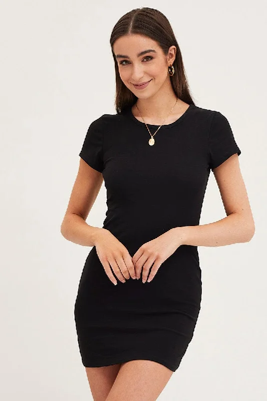 Women's Chic Outerwear Attire Black Dress Short Sleeve Crew Neck