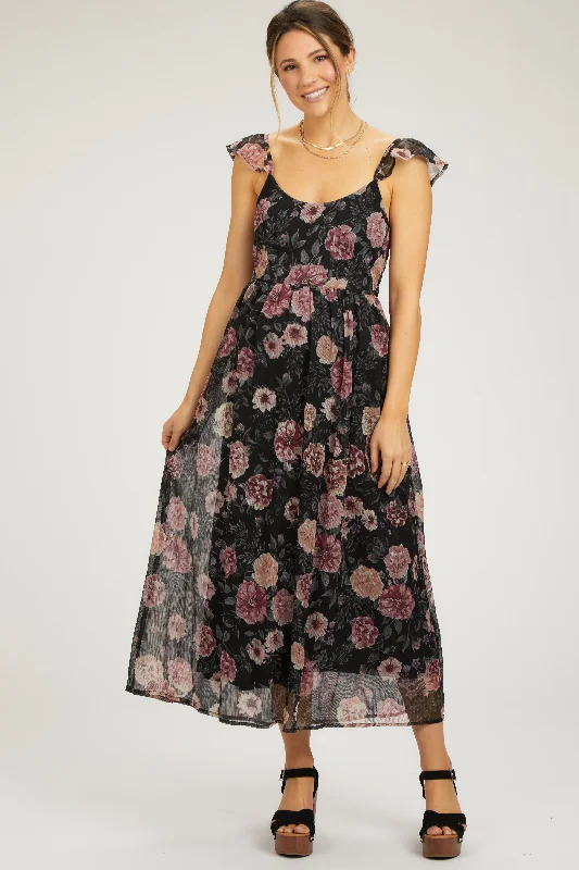 Women's Comfortable Clothes For Weekends Black Floral Chiffon Back Tie Maternity Maxi Dress