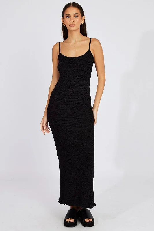 Women's Casual Clothing For Lounging Black Knit Dress Maxi Strappy