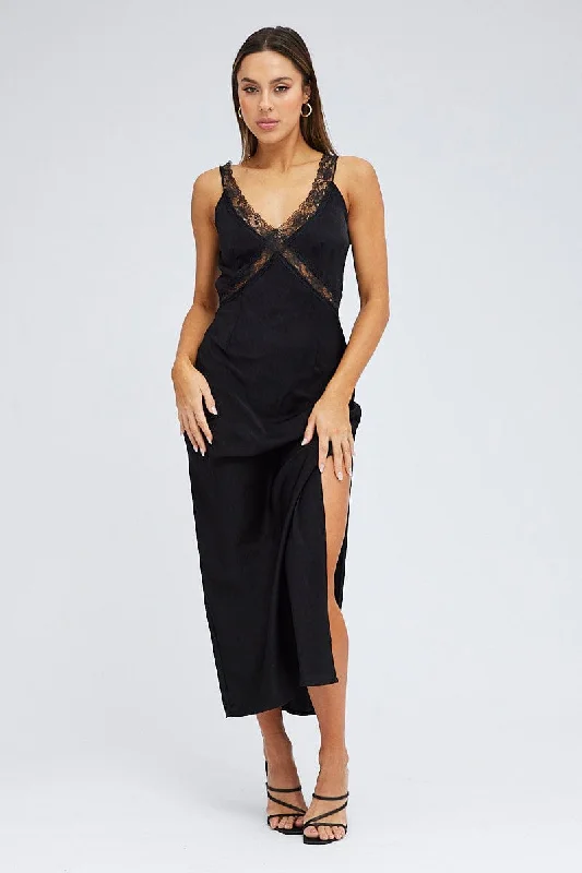 Unique Women's Fashion Pieces Black Maxi Dress Sleeveless Satin Lace Trim