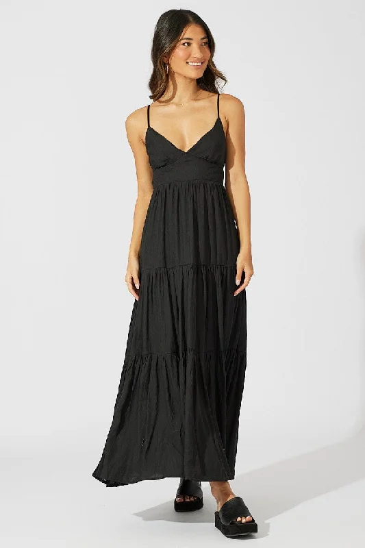 Fashionable Casual Tops Black Maxi Dress Tiered Sleeveless