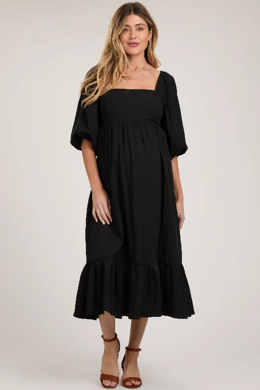 Women's Casual Outfit Black Square Neck Puff Sleeve Maternity Midi Dress