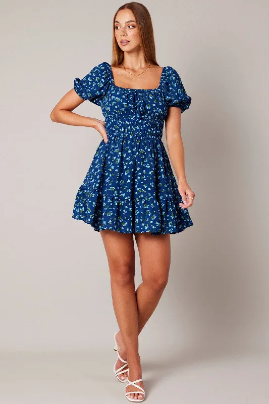 Stylish Women's Garments Blue Ditsy Fit And Flare Dress Puff Sleeve Mini