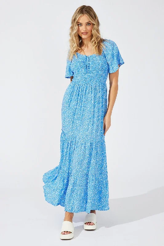 Women's Wedding Apparel Blue Ditsy Maxi Dress Short Sleeve Shirred